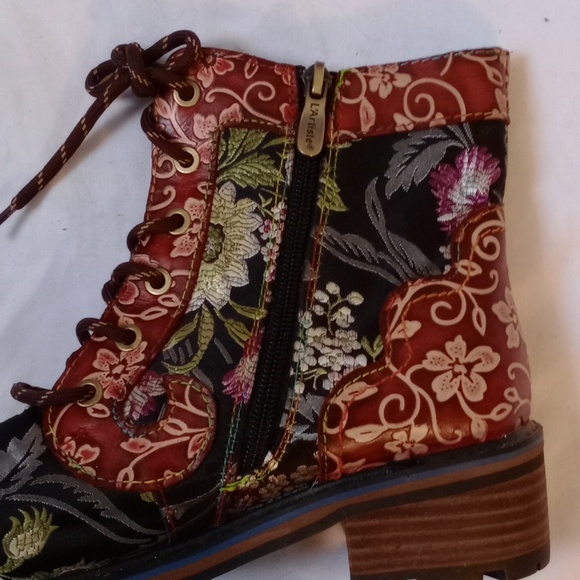 L'ATISTE Brown and Green  Floral Combat Moto Boots, Size 40/ 8.5 - Picture 6 of 9